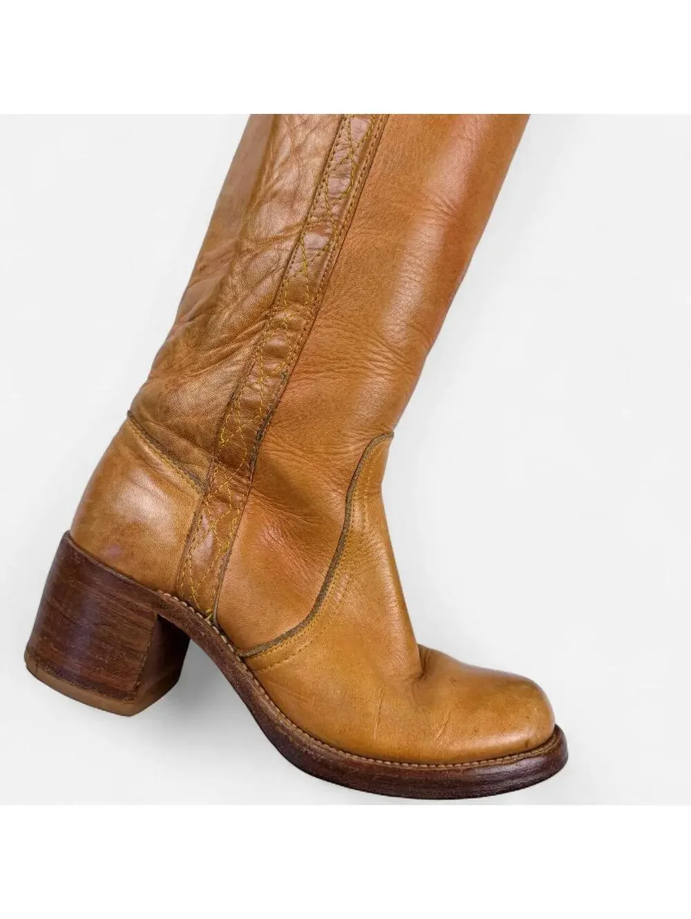 Frye 60s 70s Campus Boots Tall Stacked Heel Pull On in Cognac Brown Black Label